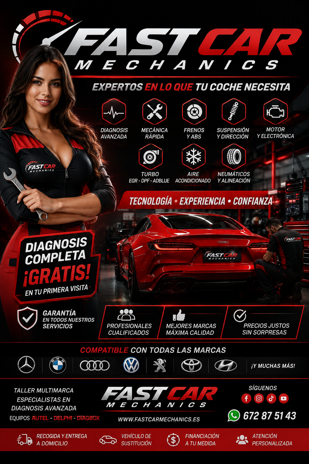 Cartel publicitario de taller automotriz moderno